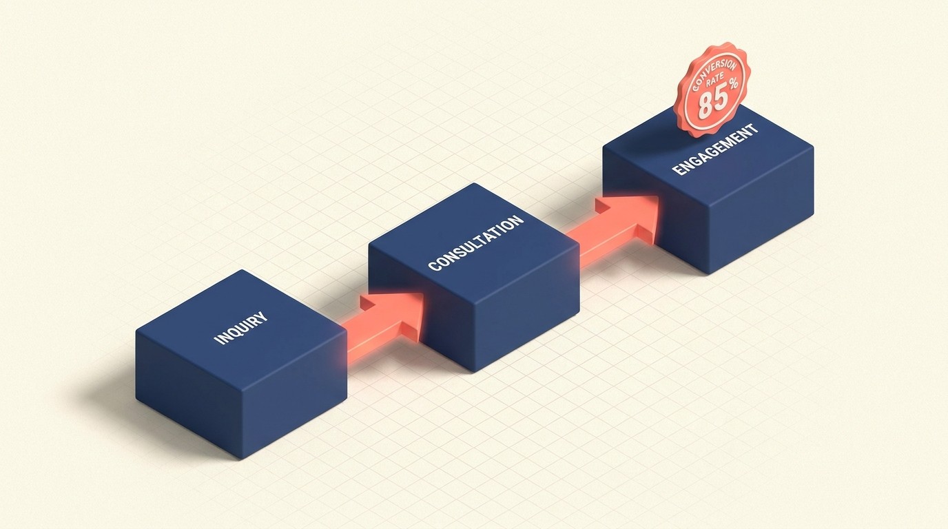 Legal client conversion funnel from awareness through lead generation, consultation, qualification, and engagement