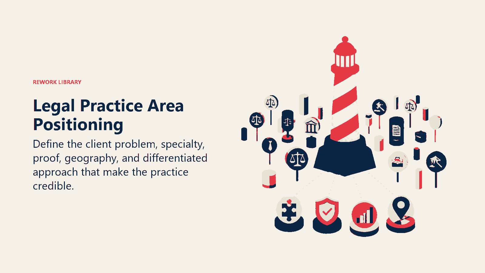 Legal Practice Area Positioning shown as one precise legal specialty beacon rises above generic firm signals.
