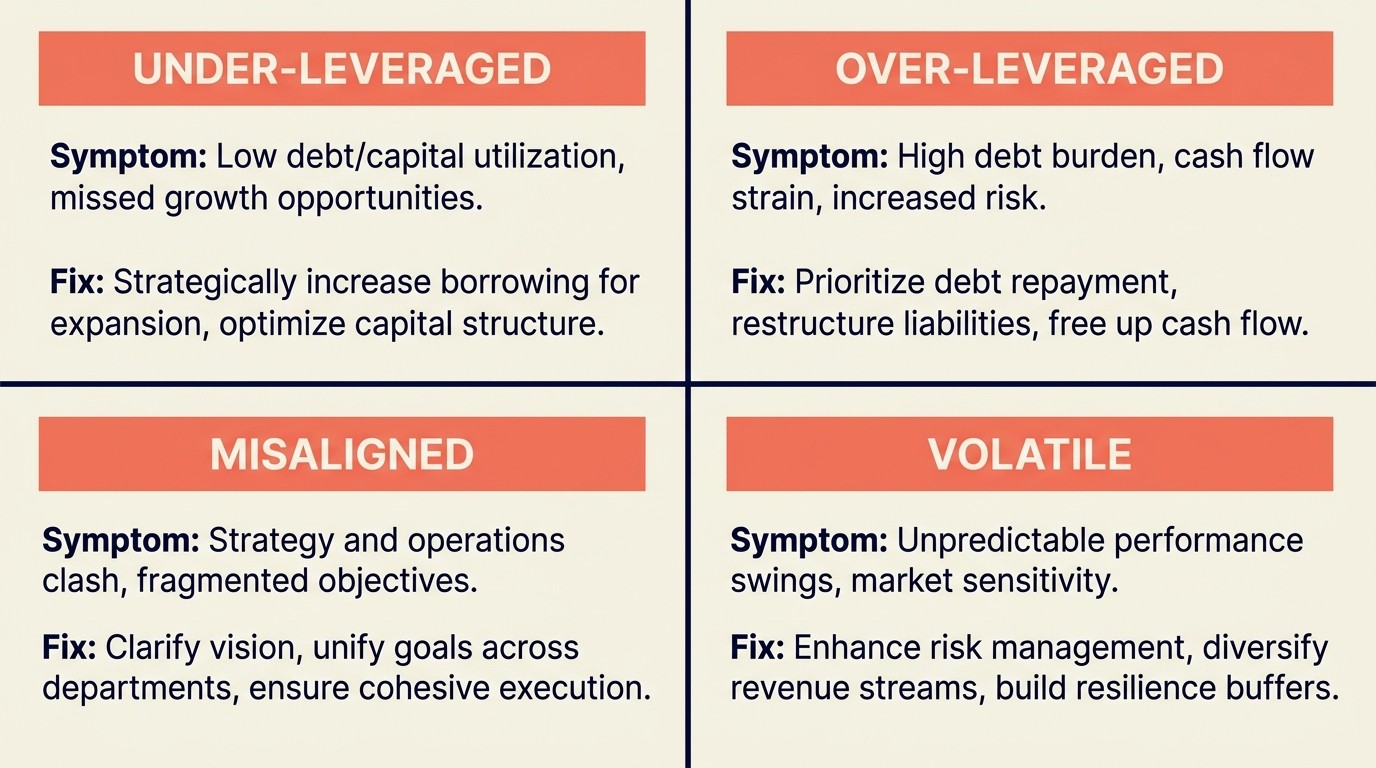 Diagnostic chart of common leverage problems including under-leverage over-leverage misaligned roles and revenue volatility with fix actions for each symptom