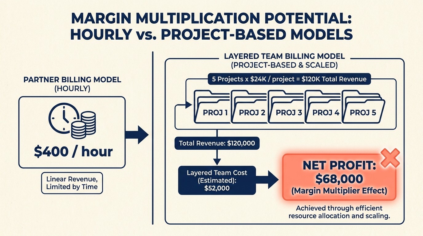 Leverage math breakdown showing how partner time spread across multiple projects multiplies firm profit versus a partner working a single engagement solo