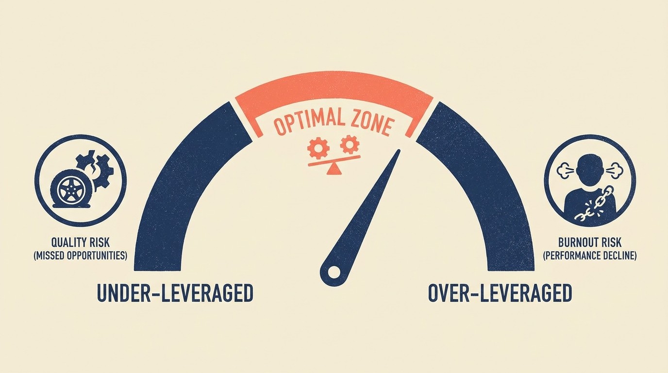 Quality and burnout risk tradeoffs at different leverage ratios showing how over-leverage creates client complaints while under-leverage creates partner burnout