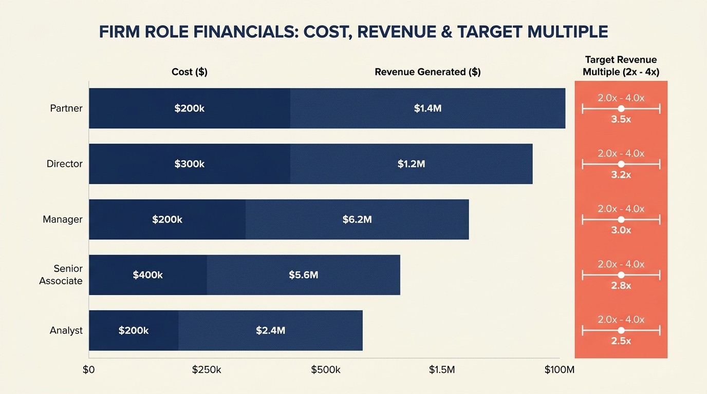 Revenue contribution targets by role from partner at three to four times compensation down to analyst at two times cost across the professional services pyramid