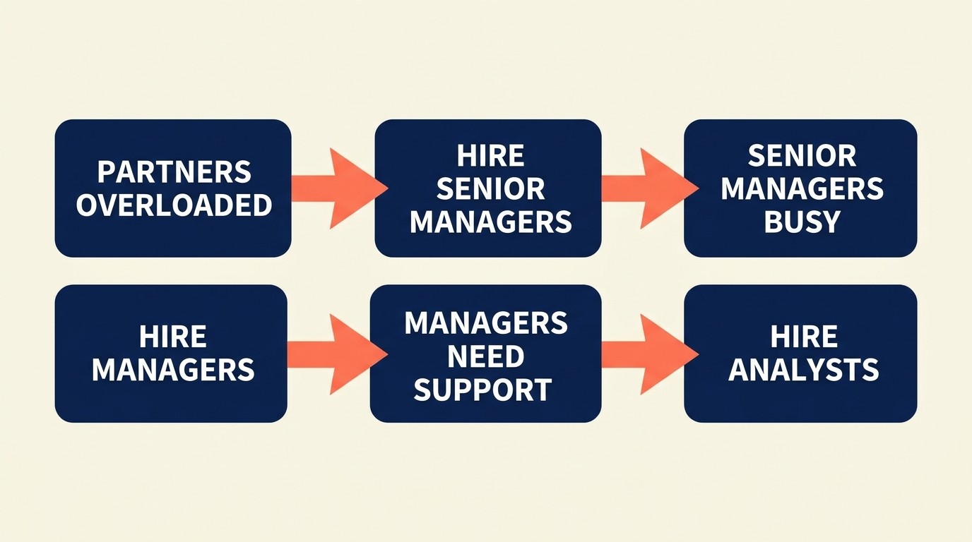Hiring sequence to build firm leverage starting with senior managers below partners then managers then analysts as each layer fills with work