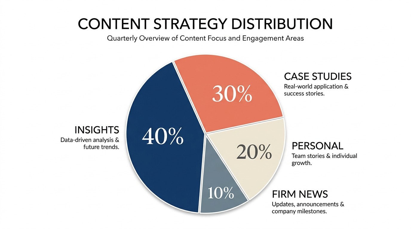 LinkedIn content strategy visualization showing 40-30-20-10 content mix across industry insights, client stories, personal brand, and firm news