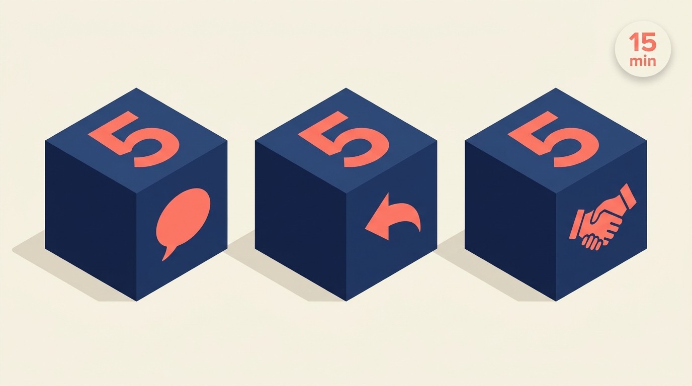 Daily 5-5-5 LinkedIn engagement routine showing five comments, five responses, and five personalized messages totaling fifteen minutes