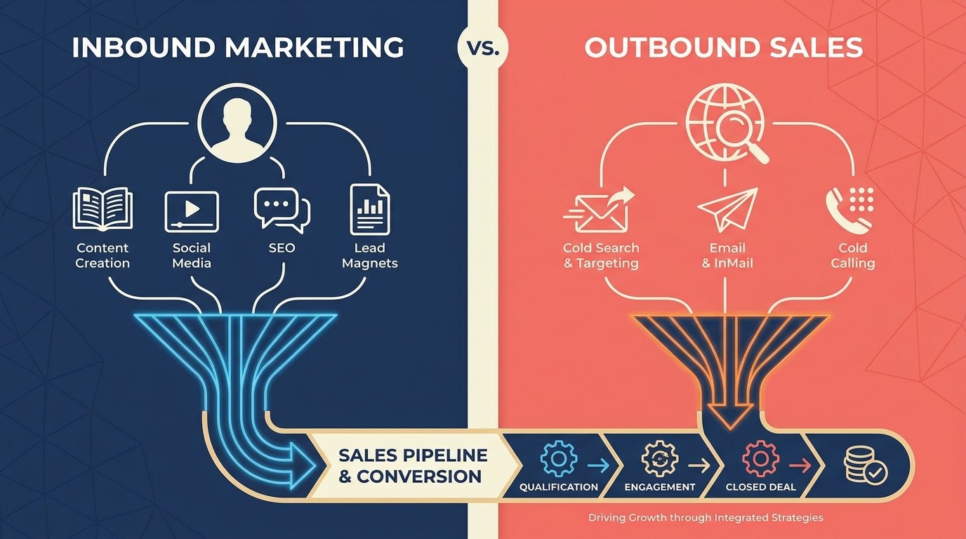 LinkedIn lead generation system comparing inbound discovery via content and profile against outbound Sales Navigator targeting and InMail outreach
