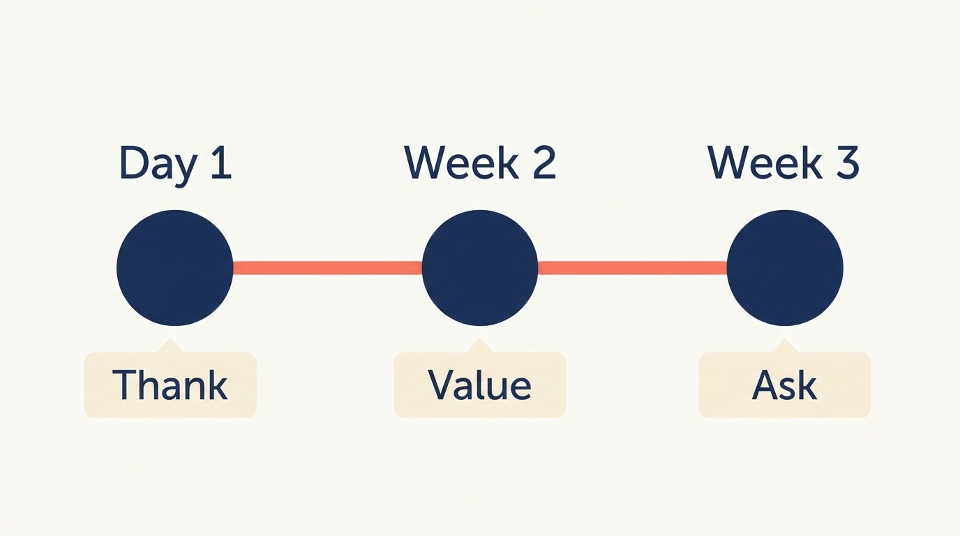 Three-touch LinkedIn nurture sequence from connection acceptance through value share to conversation invitation across two to three weeks