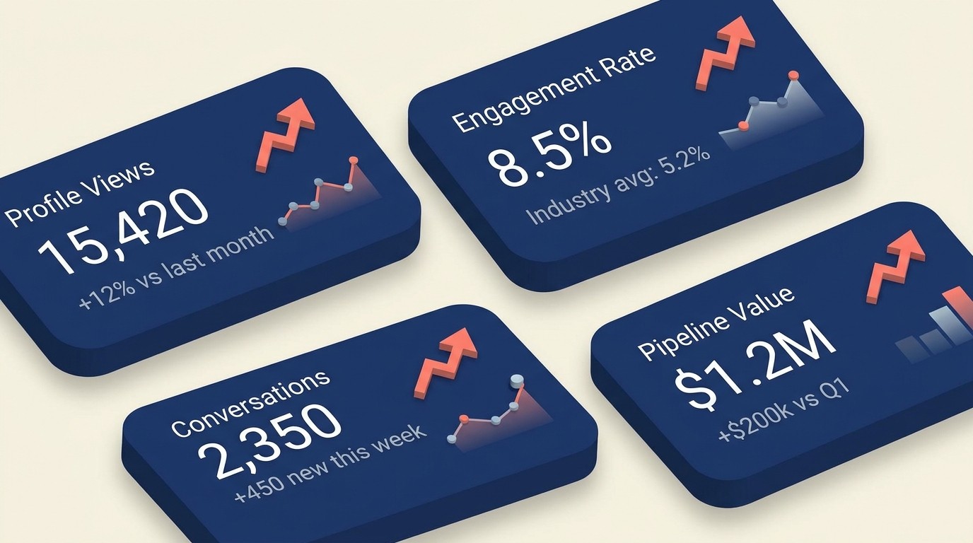 LinkedIn ROI dashboard tracking profile activity, content performance, relationship metrics, and pipeline influence for business development