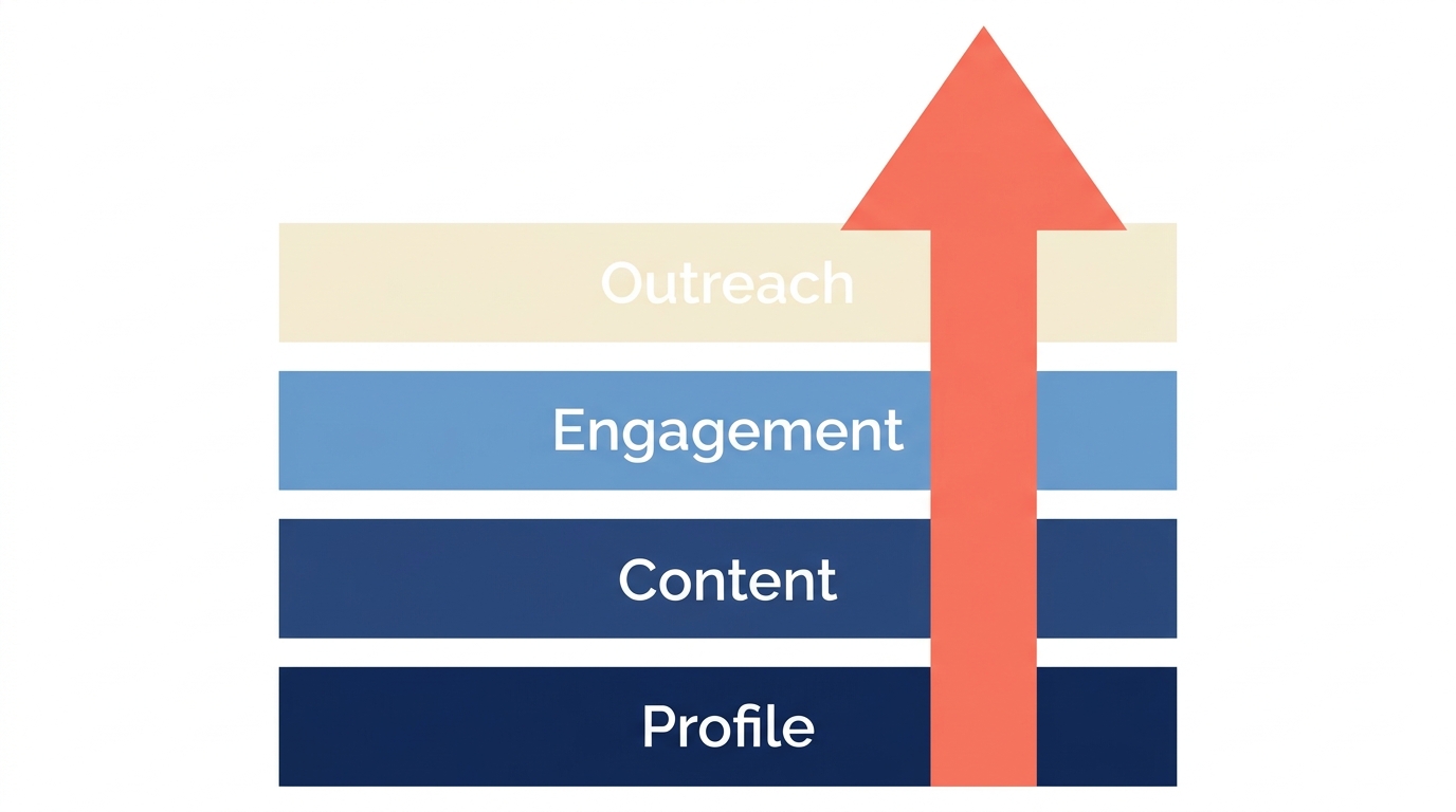 Four-layer LinkedIn strategy framework showing profile optimization, content, engagement, and outreach stacked as foundation to lead generation