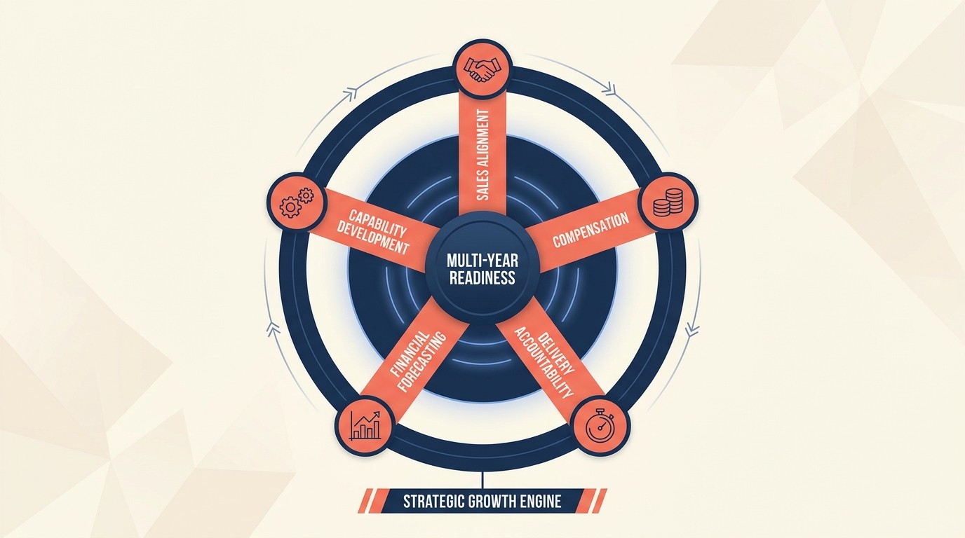 Firm-wide capabilities that support multi-year engagements: sales alignment, compensation, delivery accountability, financial forecasting, and skill development