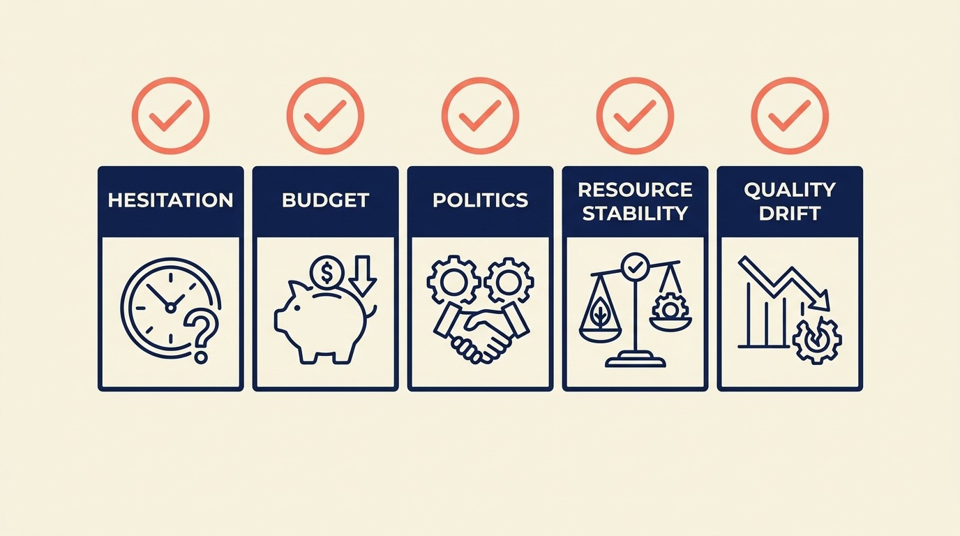 Common multi-year engagement challenges: client commitment hesitation, budget constraints, internal politics, resource stability, and quality maintenance