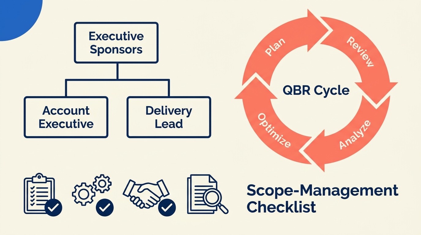Ongoing management practices for multi-year engagements: account ownership, QBRs, regular touchpoints, delivery operations, and scope control