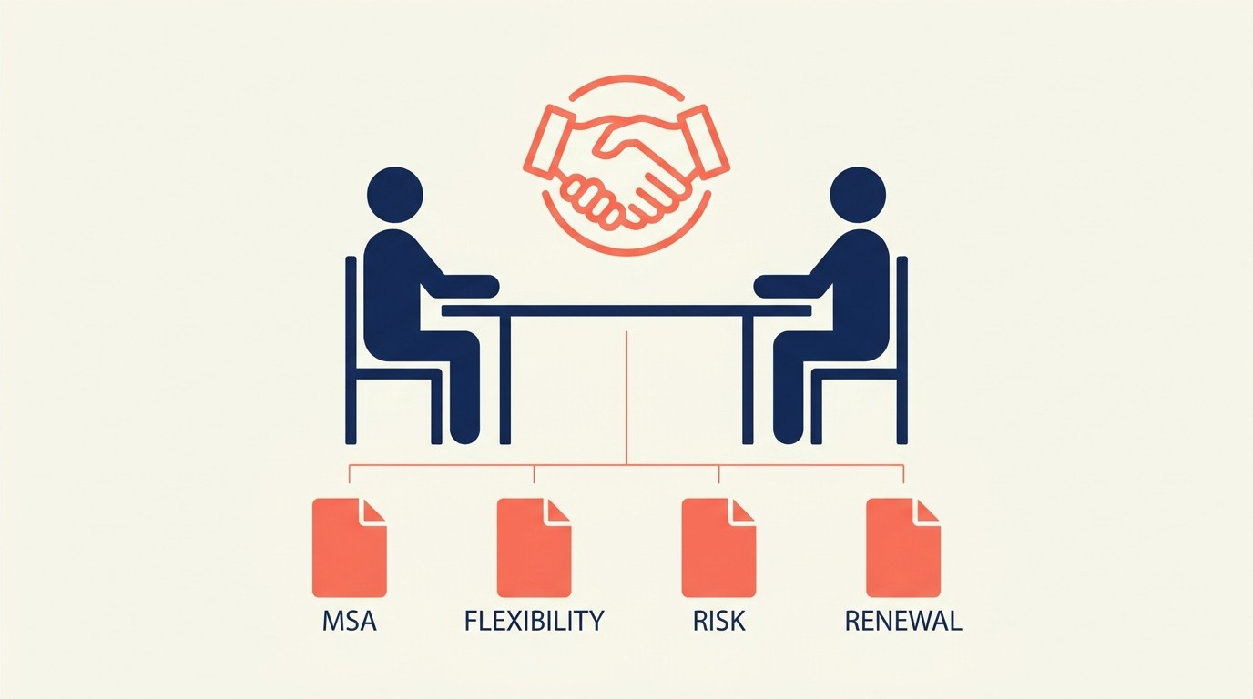Multi-year contract negotiation elements: MSA structure, flexibility mechanisms, risk provisions, renewal terms, and negotiation strategy