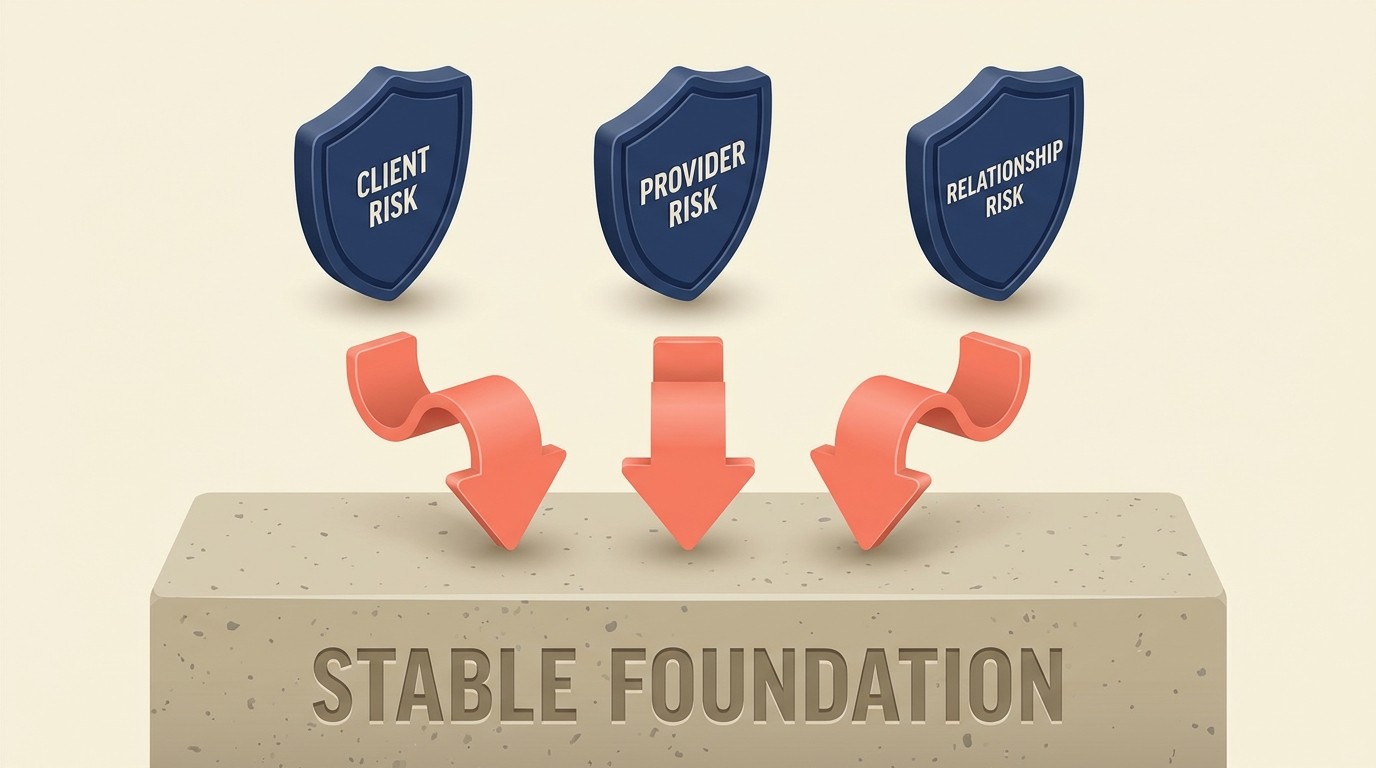 Risk categories in multi-year engagements: client-side, provider-side, relationship risks, and contract governance controls