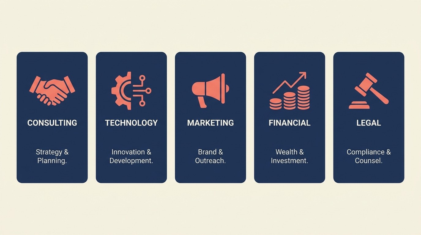 Multi-year engagement patterns by service type: consulting, IT, marketing, financial advisory, and legal