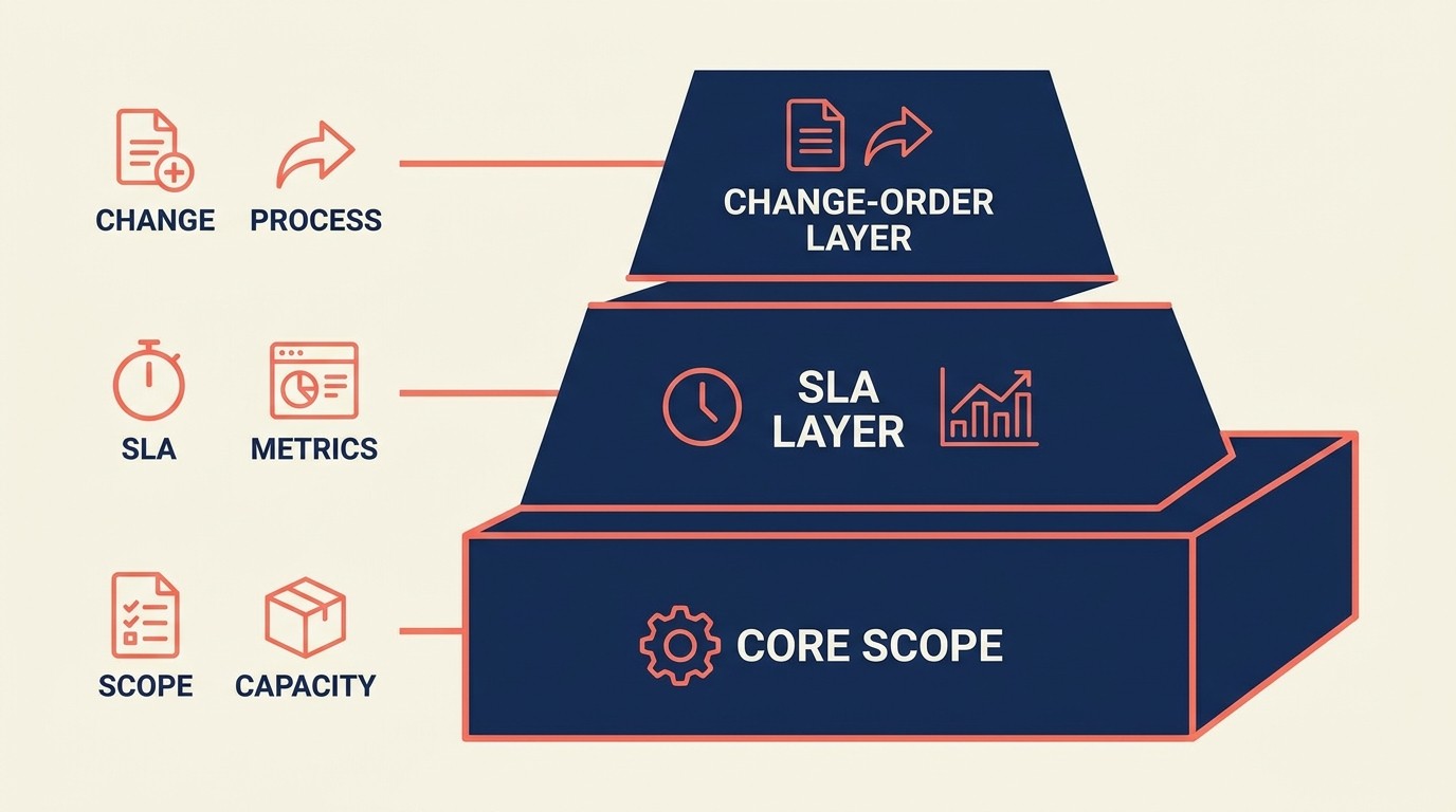 Key components of multi-year engagement structure: scope definition, SLAs, capacity commitments, and performance metrics