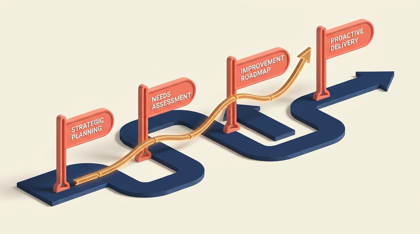 Value creation practices across a multi-year engagement: strategic planning, needs assessment, improvement roadmap, and proactive delivery