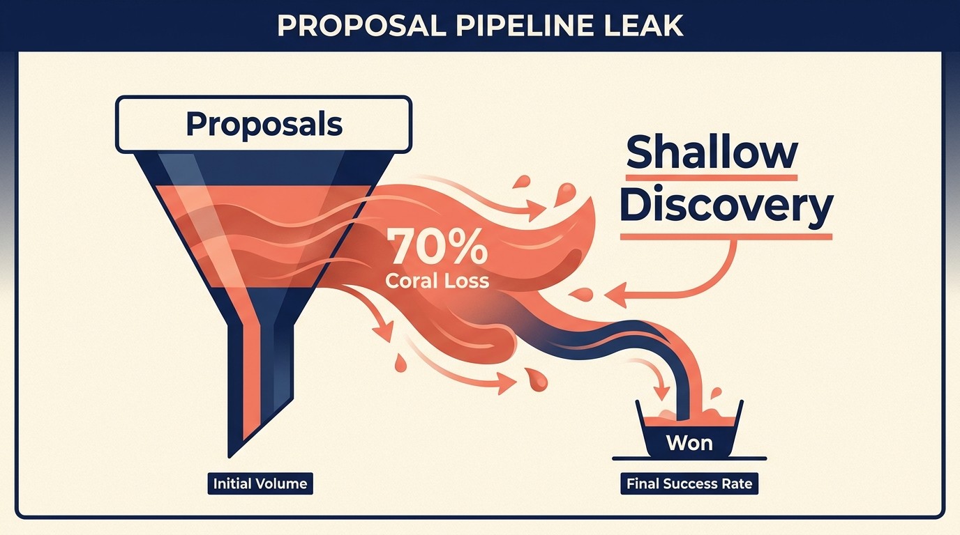 Hidden costs of shallow discovery including lost proposals, price competition, scope creep, and disappointed clients