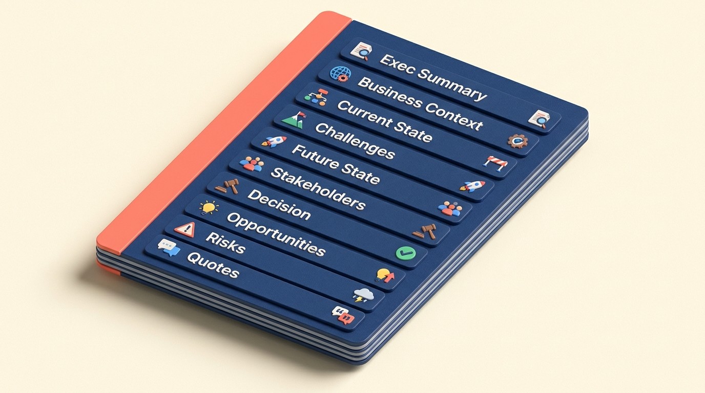 Discovery summary template with executive summary, current state, challenges, stakeholder map, and next steps sections
