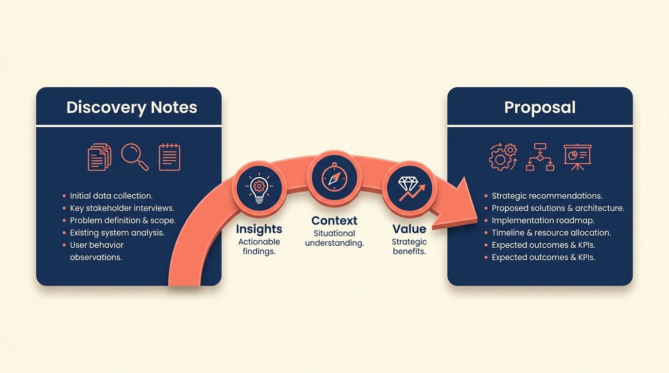 Discovery findings translating into proposal insights, customized solutions, value propositions, and value-based pricing