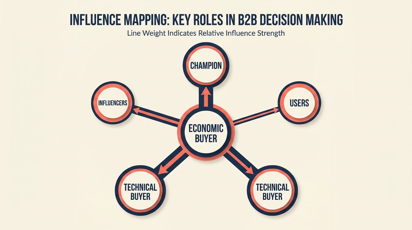 Stakeholder map identifying economic buyer, technical buyer, champion, influencers, and users in a professional services engagement