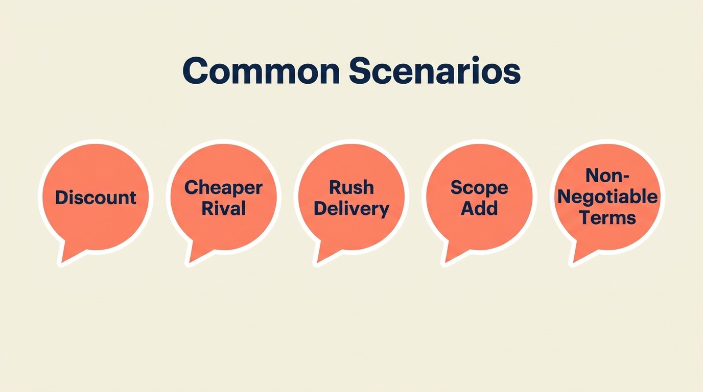Visual guide to common negotiation scenarios including discount requests, competitor pricing, timeline pressure, and scope expansion
