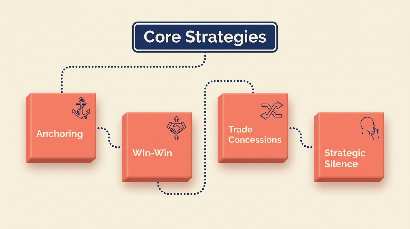 Core negotiation strategies diagram covering win-win problem solving, anchoring, trading concessions, and strategic silence tactics