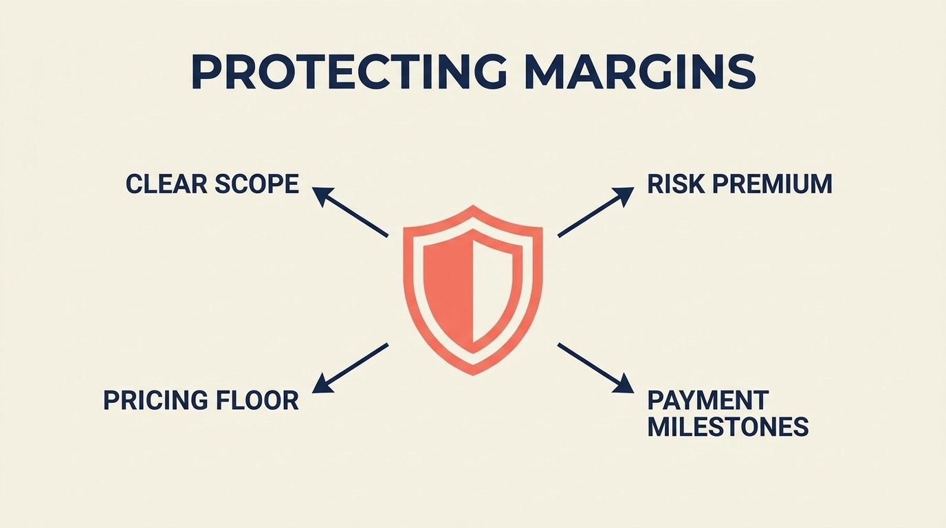 Shield icon protecting services firm profitability through scope boundaries, pricing floors, resource costs, and payment terms