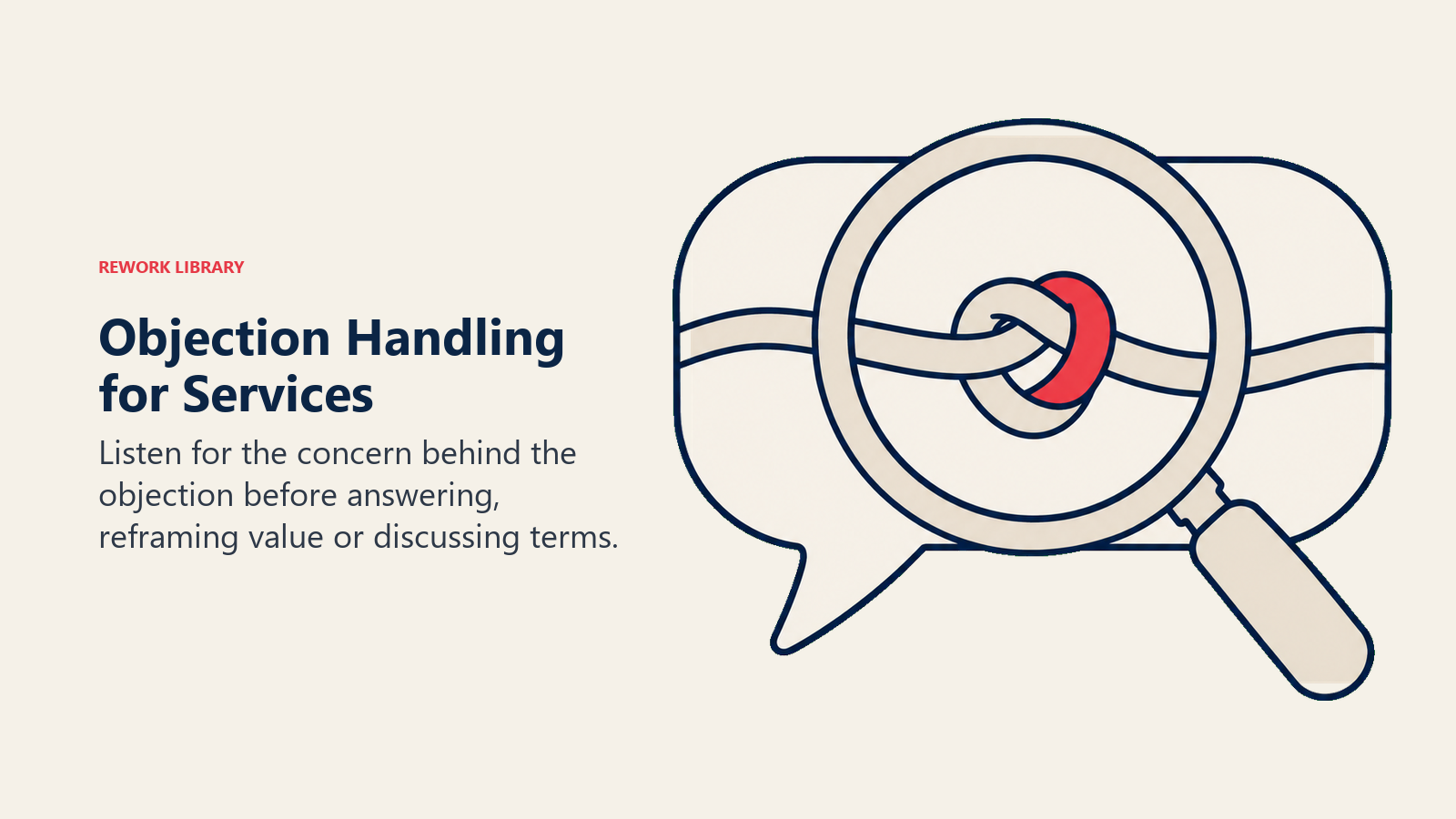 Objection handling illustrated by a lens uncovering an unresolved knot inside a prospect's speech bubble.