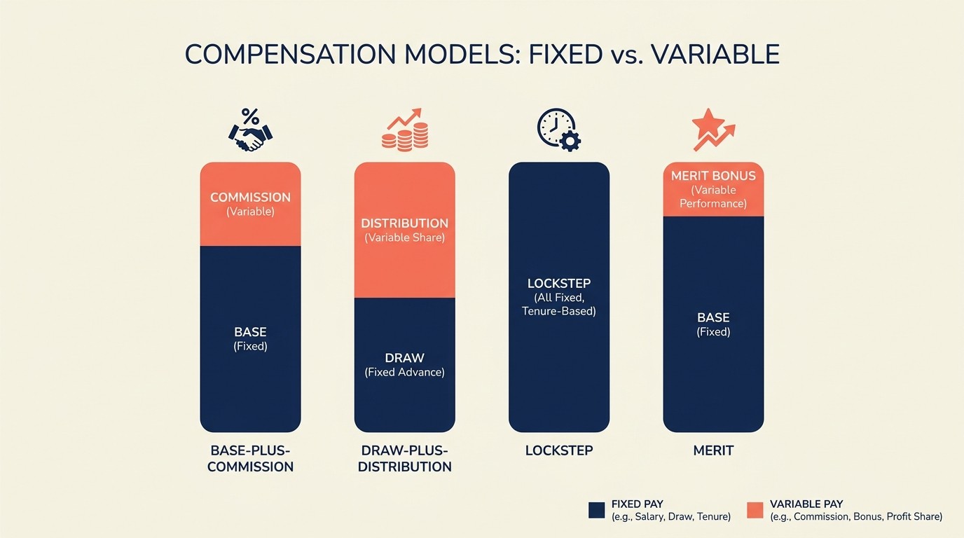 Compensation models comparing base salary commission lockstep and merit