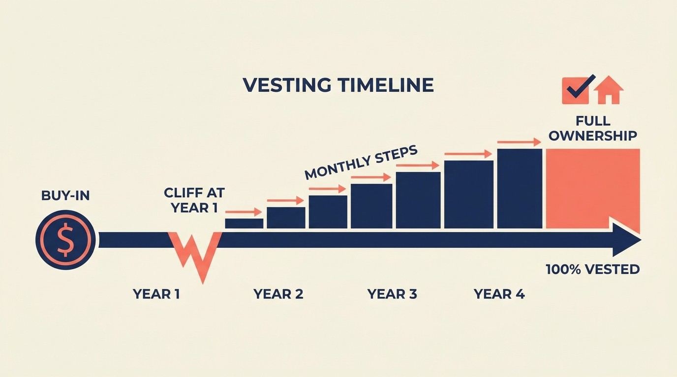 Vesting schedule with cliff periods buy-in requirements and buy-out formulas