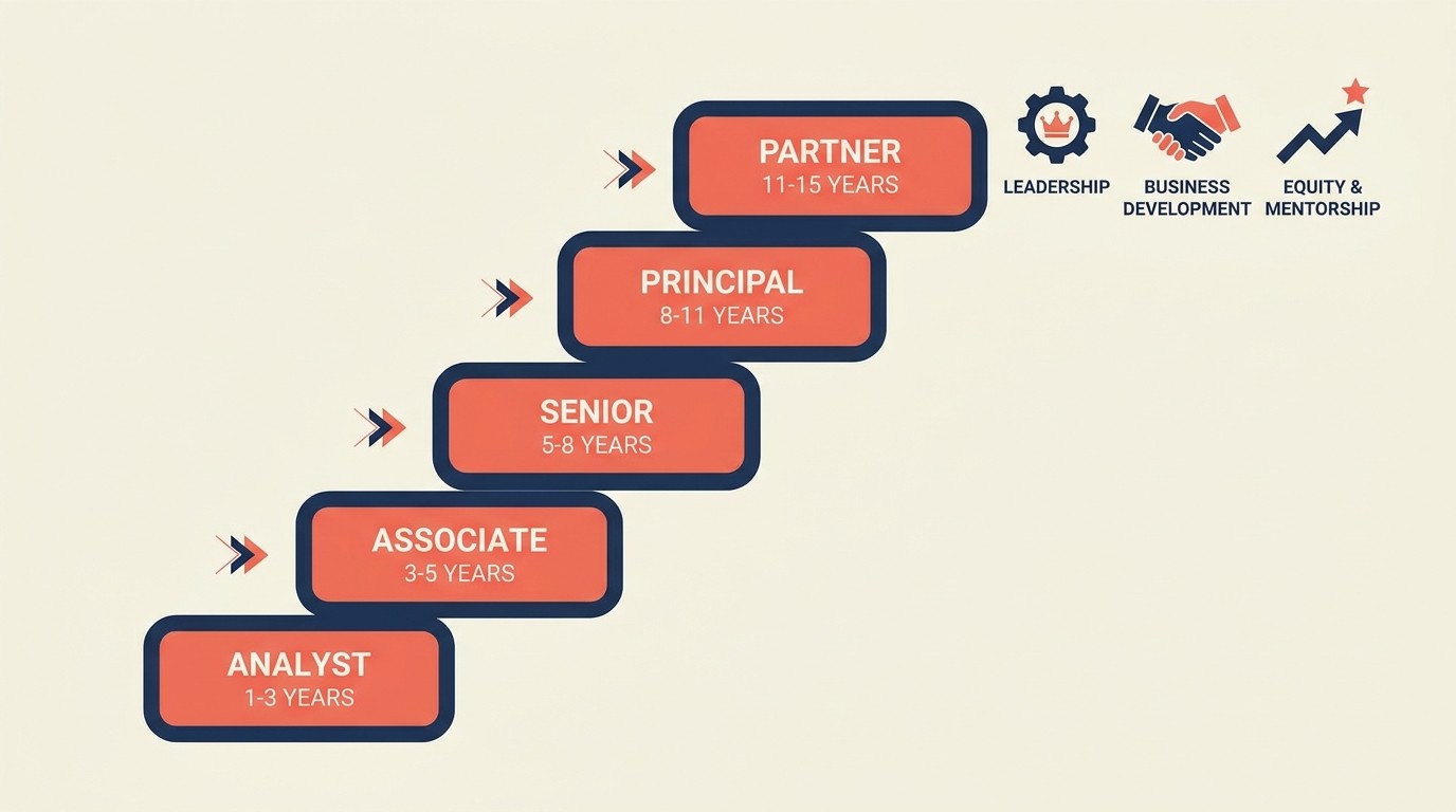 Partner track timeline with criteria milestones from associate to equity