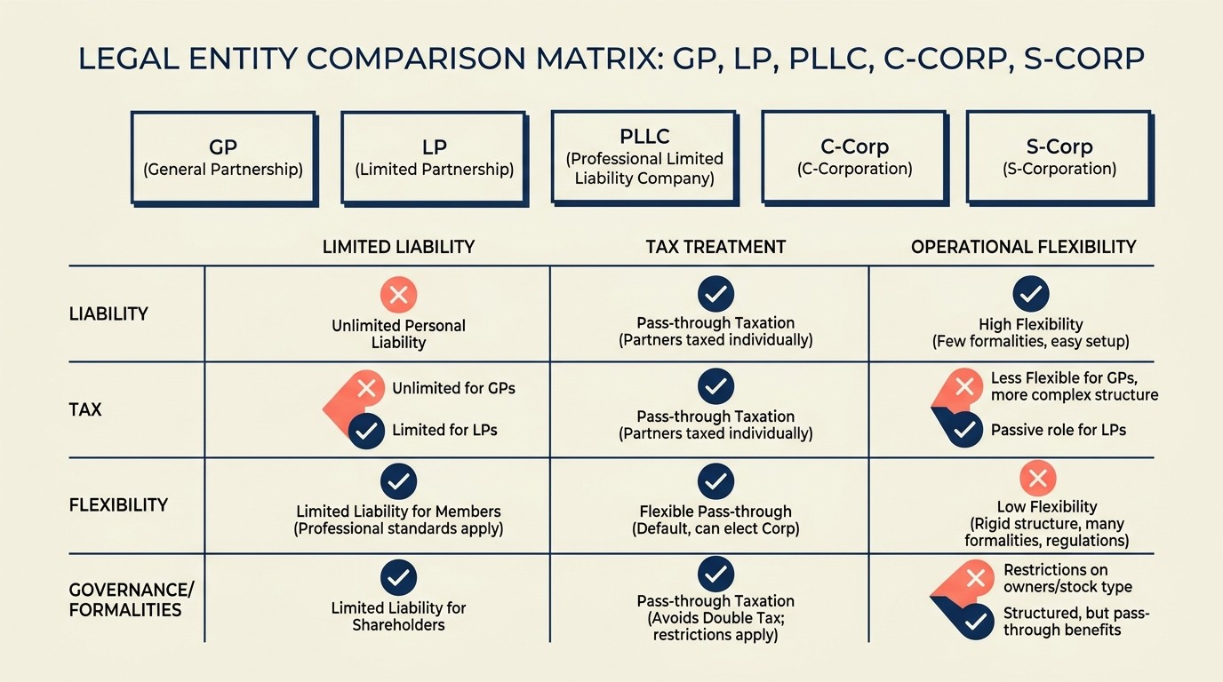 Legal entity comparison GP LP PLLC C-corp and S-corp structures