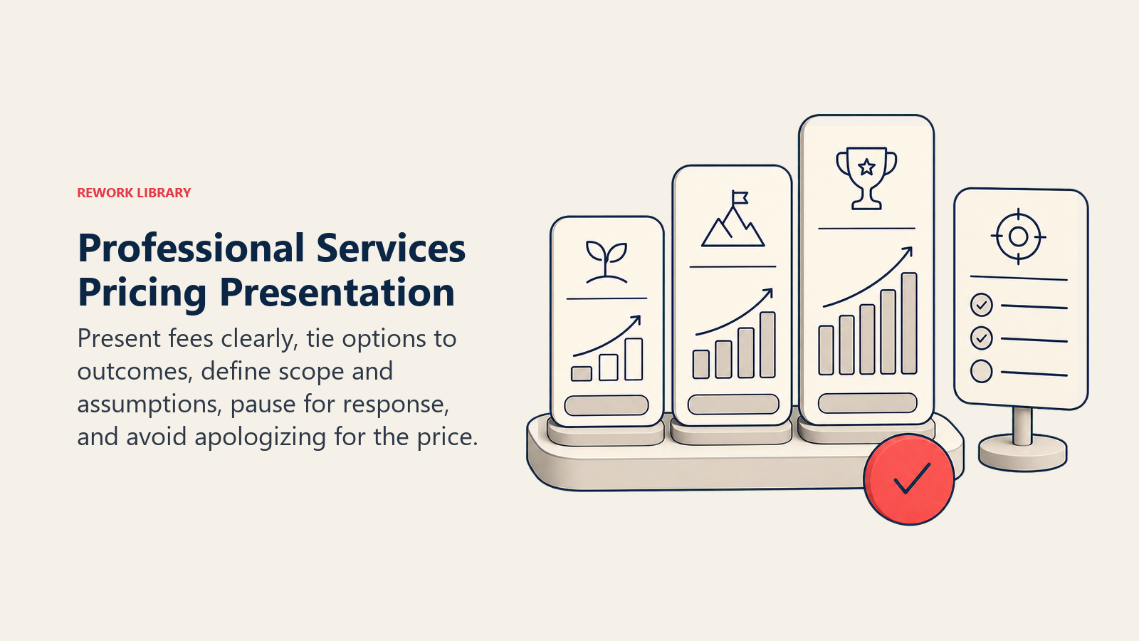 Professional Services Pricing Presentation illustrated by a calm pricing presentation stand with three outcome-linked options, a scope frame, and one coral decision marker