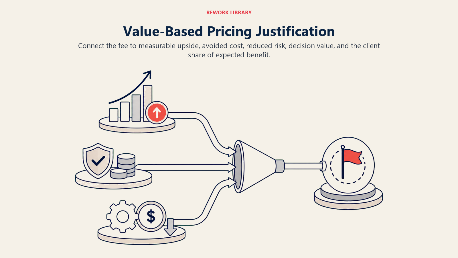 Value-Based Pricing Justification illustrated by a wide value equation landscape where upside, avoided cost, and risk reduction converge on an investment threshold