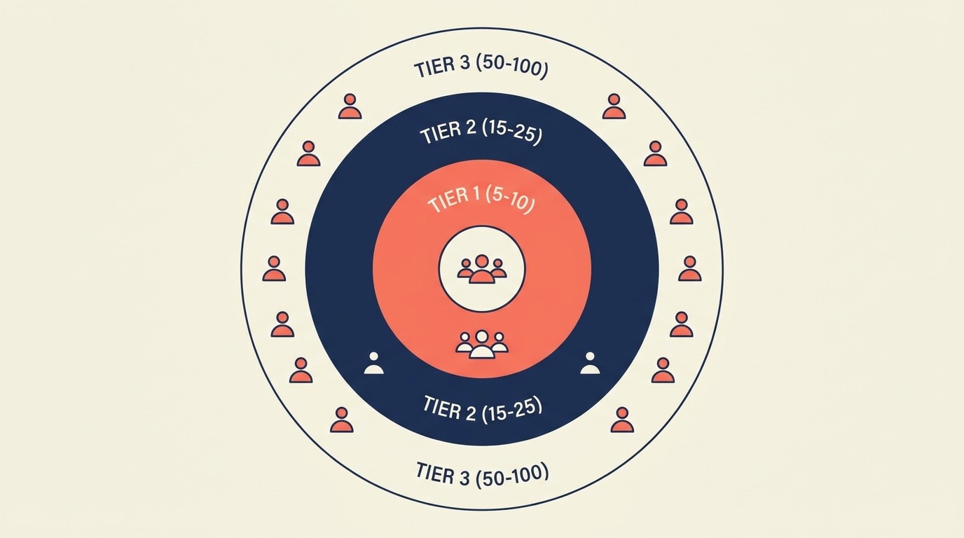 Three-tier network architecture with strategic partners, industry peers, and broader community