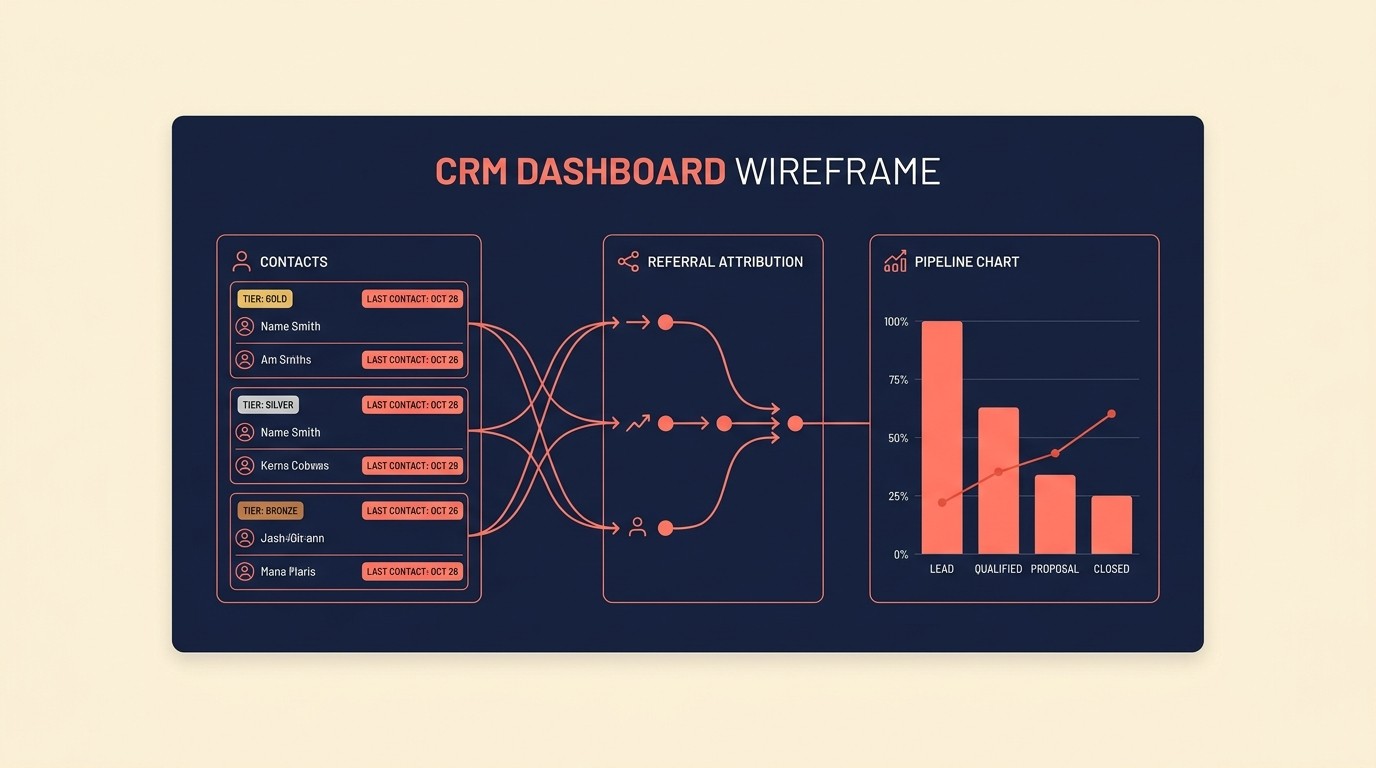 CRM integration tracking relationship tiers, engagement cadence, and referral attribution