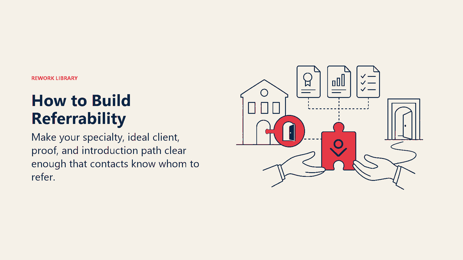 How to Build Referrability shown as a clear specialty signal passes through proof into a simple referral doorway.