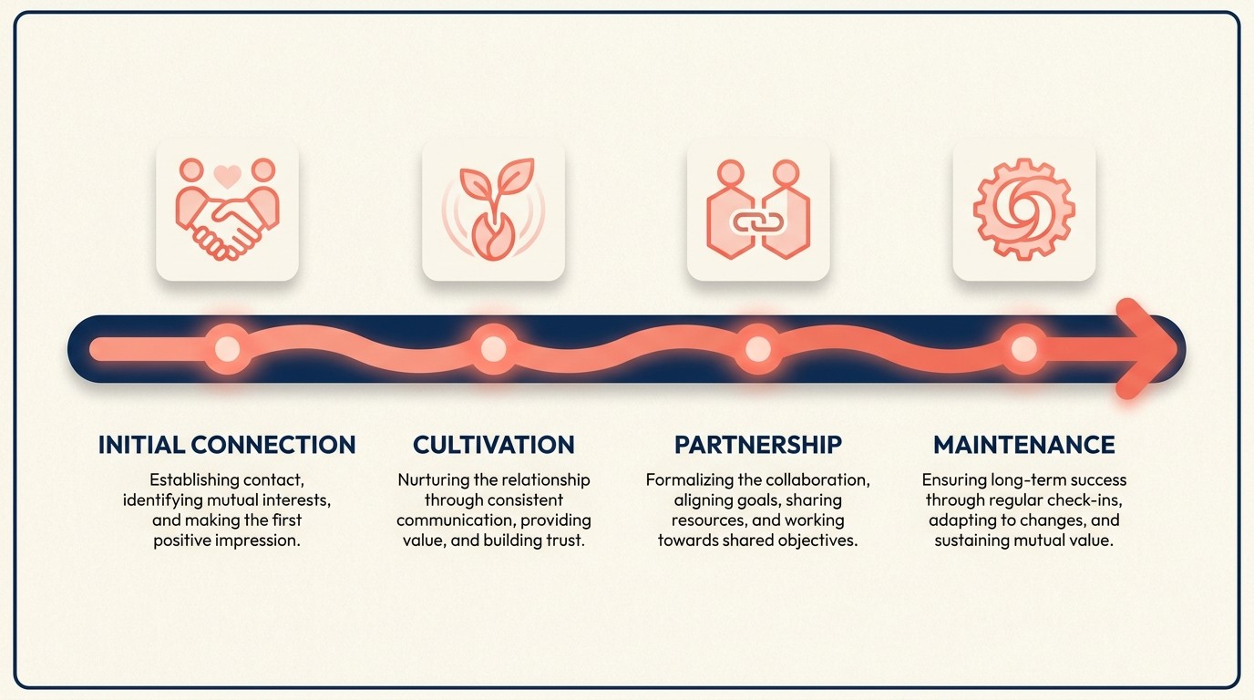 Relationship building framework stages from initial connection through partnership maintenance