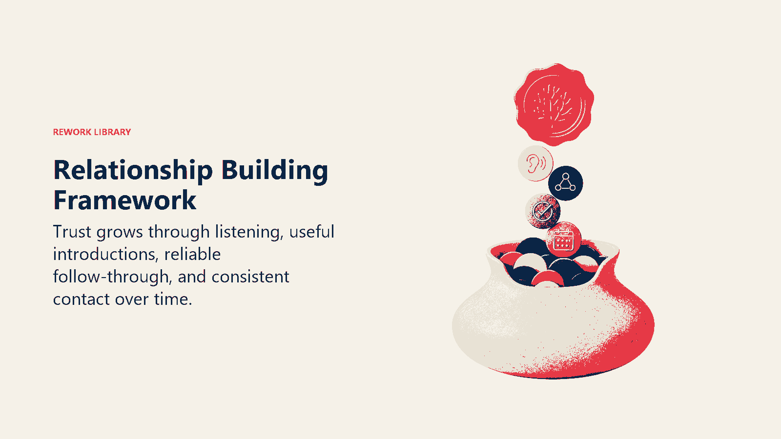 Relationship Building Framework shown as four relationship deposits accumulate inside a trust account vessel.