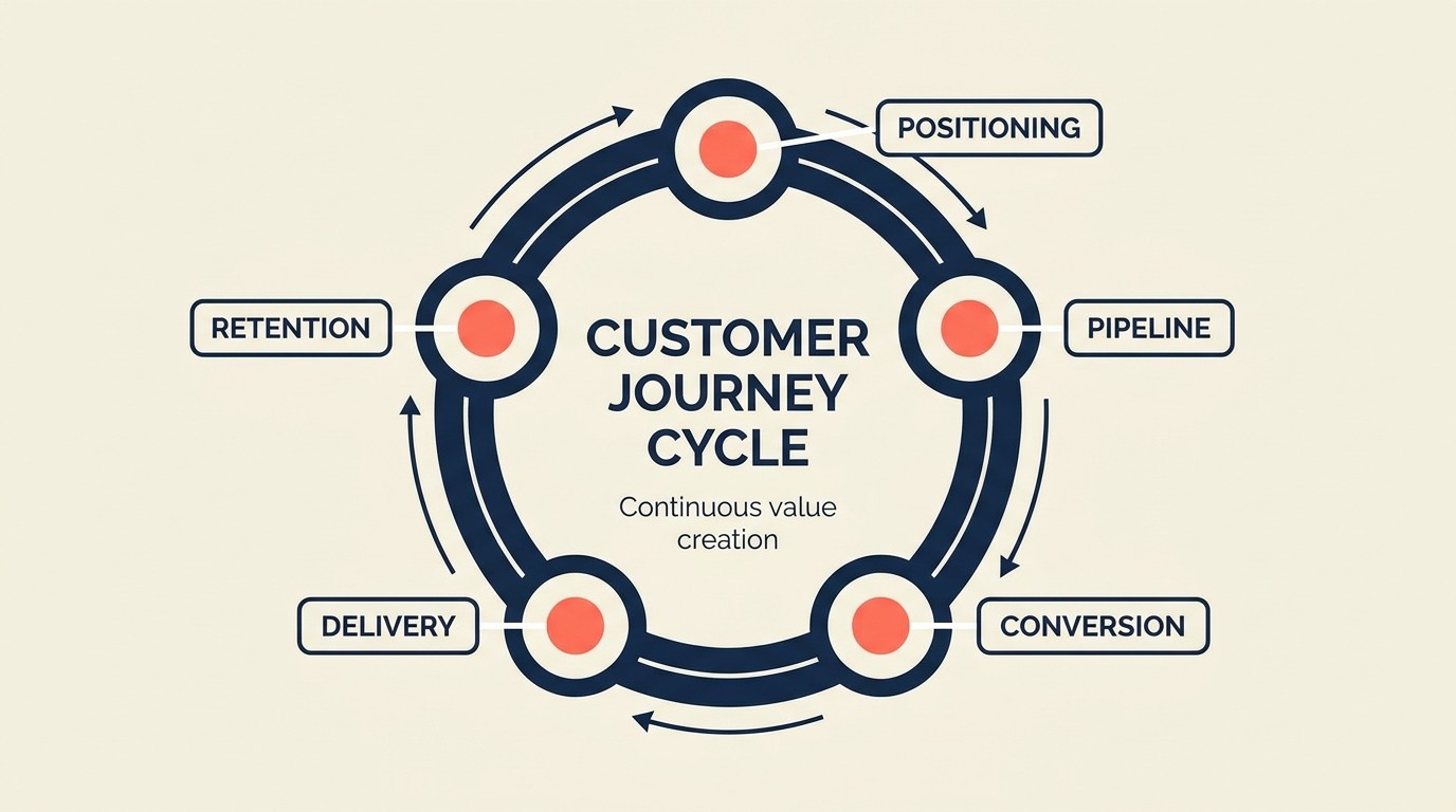 Five-stage growth cycle: positioning, pipeline generation, conversion, delivery and expansion, retention and advocacy