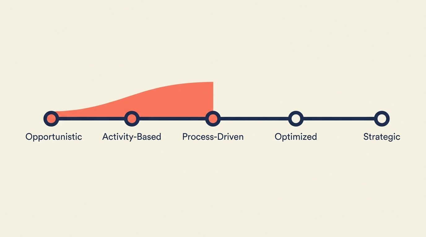 Growth maturity stages: opportunistic, activity-based, process-driven, optimized, and strategic