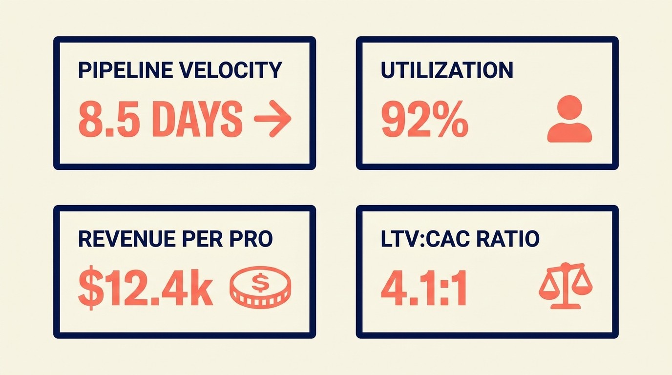 Professional services growth metrics dashboard: pipeline velocity, utilization, realization, revenue per professional, LTV to CAC ratio