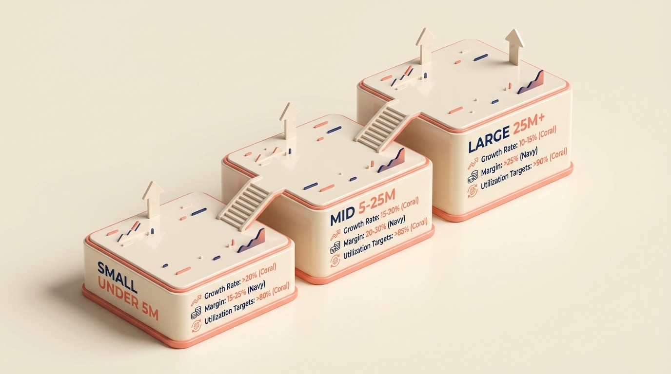 Benchmark comparison table of key metrics across small, mid-size, and large professional services firms