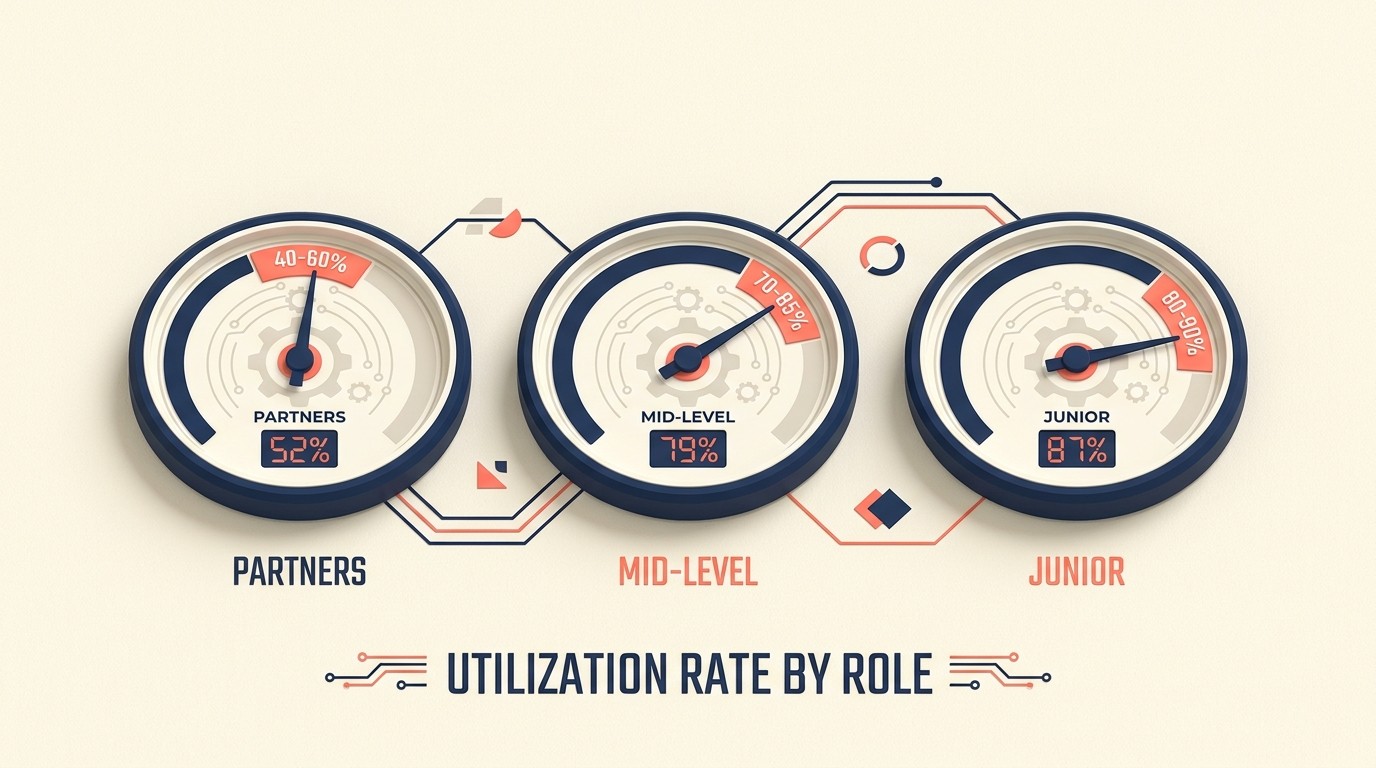 Efficiency metrics visualization covering utilization rate, realization rate, and project margin tracking