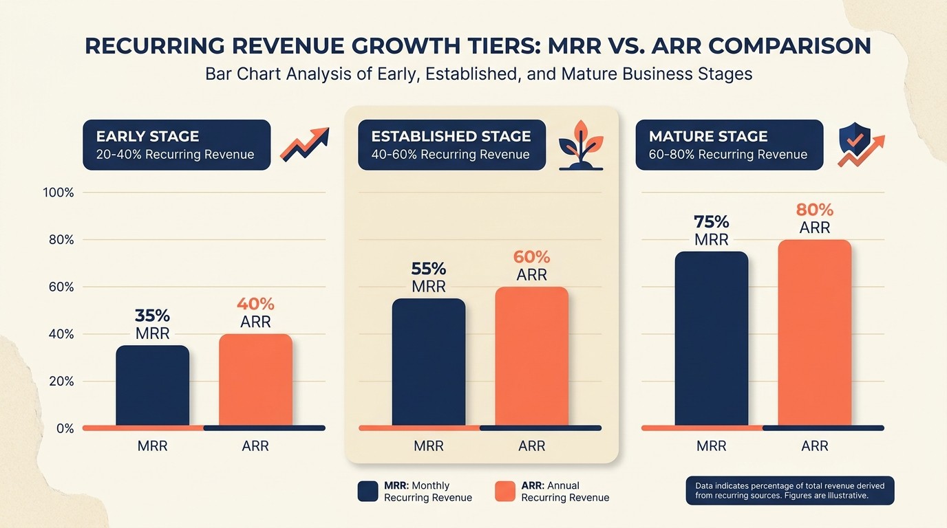 Revenue metrics dashboard showing MRR, ARR, and recurring revenue growth for professional services firms