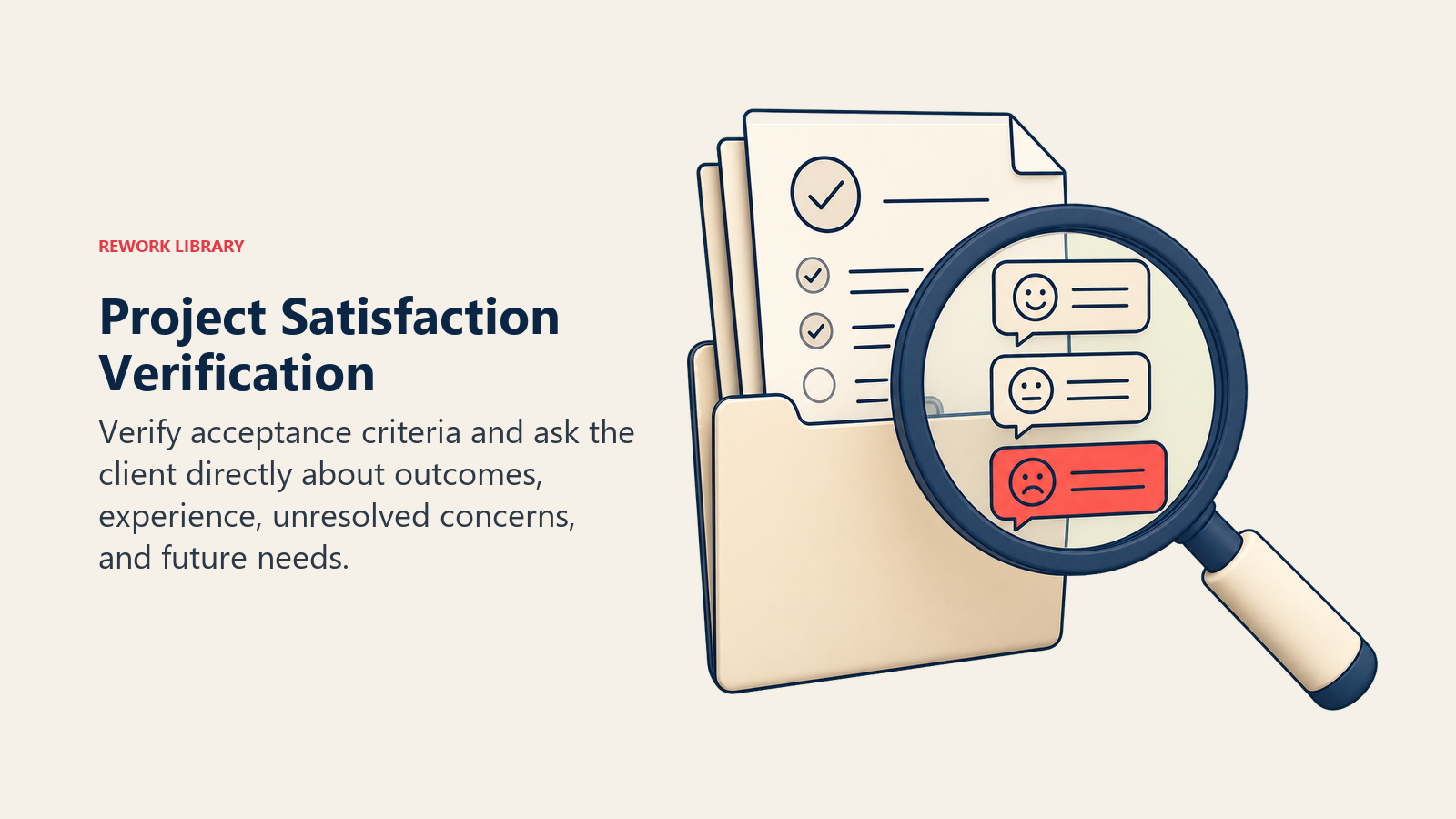 Project Satisfaction Verification illustrated by an acceptance dossier passing through a client feedback lens with one coral unresolved-issue marker
