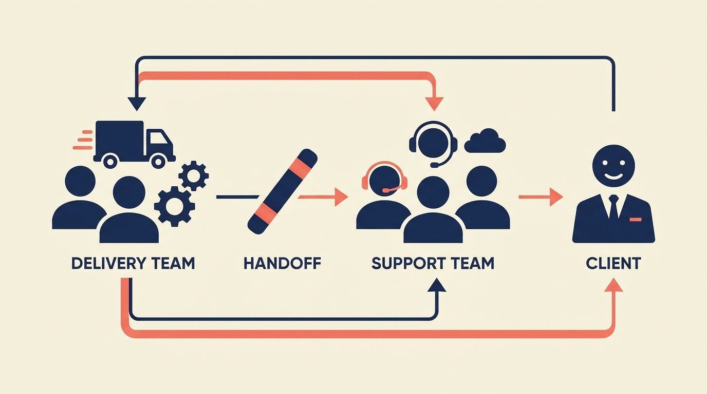 Delivery-to-support handoff with SLA tiers, escalation paths, and relationship continuity from project team to customer success