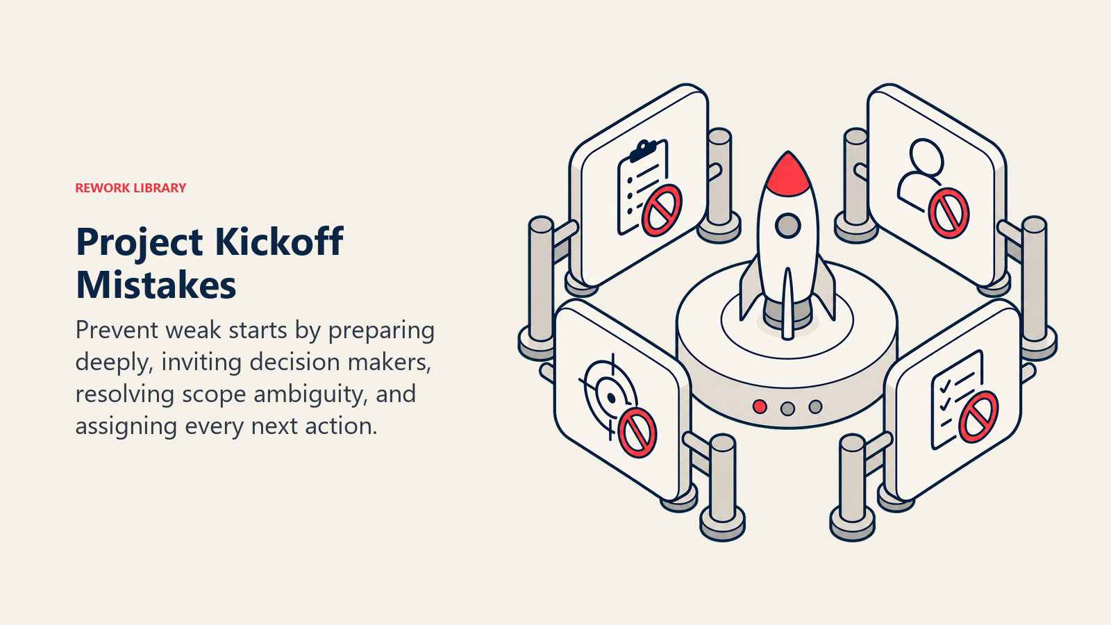 Project Kickoff Mistakes illustrated by a project launchpad protected by four guardrails that block missing preparation, absent sponsors, fuzzy scope, and ownerless tasks