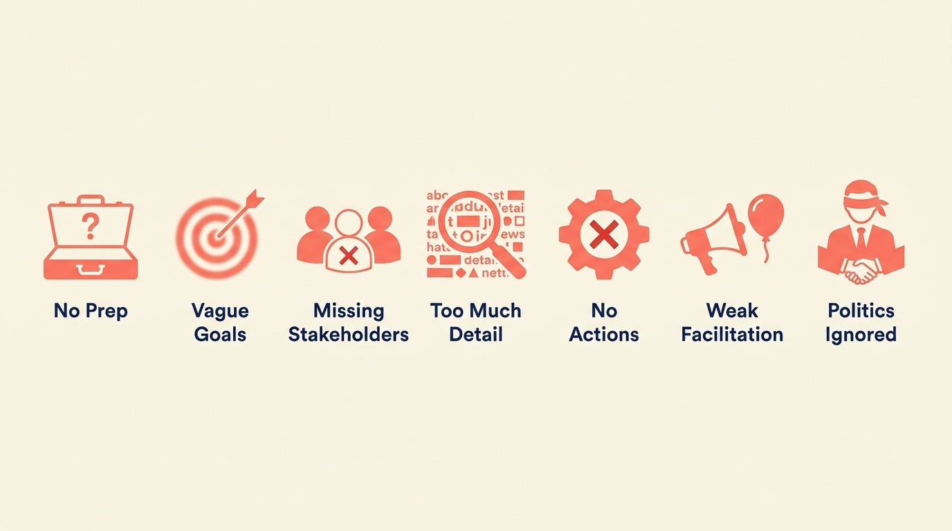 Seven common kickoff mistakes and their fixes, from skipping prep to weak facilitation